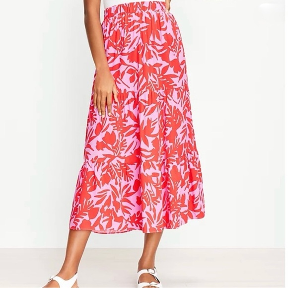 LOFT Tropical Skirt Floral Rayon Women’s Medium New Pink & Red - Picture 11 of 11